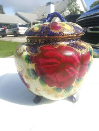 Antique Porcelain Biscuit Tea Jar Moriage Gold Cobalt Blue Flowers.  Signed
