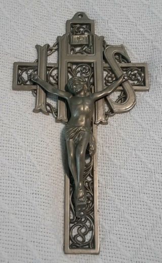 Antique Casket Crucifix,  Cross Jesus,  Cast Metal 9.  5 " Tack It To Your Front Door