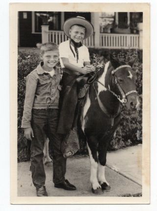 Vintage Photo Snapshot Young Boy On Pony Cowboy Hat Outfit