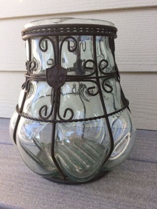 Vintage Blown Glass Vase In Wire Cage - Twisted Wrought Iron W/fleur De Lis