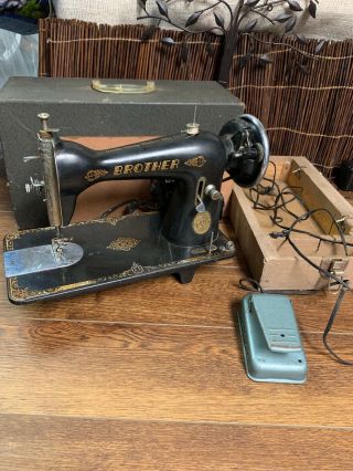 Vintage Brother Sewing Machine Made In Occupied Japan Black Heavy Case Pedal