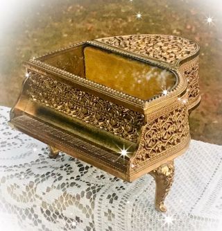 Vintage Ormolu Baby Grand Piano Music Box Jewelry Casket With Beveled Glass