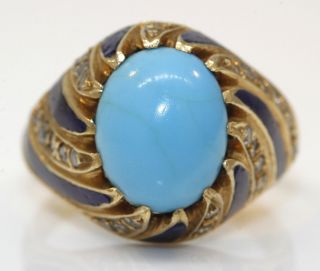 Lovely Vintage 18k Yellow Gold Ring With Turquoise,  Enamel,  And Diamonds H12