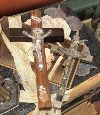 Antique Crucifix Skull & Crossbones Catholic Metal Inlaid Wood X 2