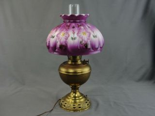 Antique Bradley & Hubbard Brass Oil Lamp Purple Painted Glass Shade Converted