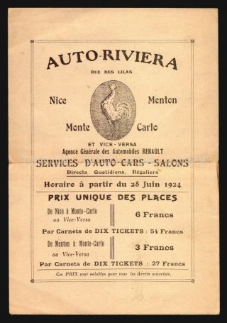 1924 Renault Advertising Brochure Auto Riviera Monte Carlo Taxi Timetable