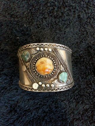 Vintage American Indian Sterling Silver Cuff Bracelet W/3 Very Unique Stones.