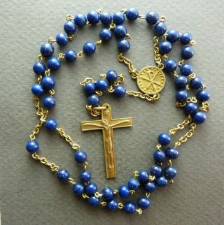 French Antique Rosary Blue Glass Beads Crucifix Rosarie