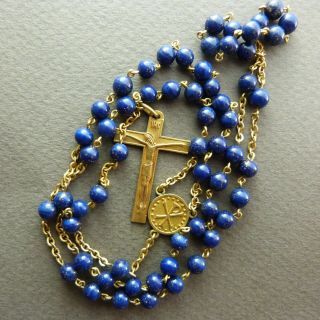 French Antique Rosary Blue Glass Beads Crucifix Rosarie 2
