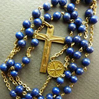 French Antique Rosary Blue Glass Beads Crucifix Rosarie 3