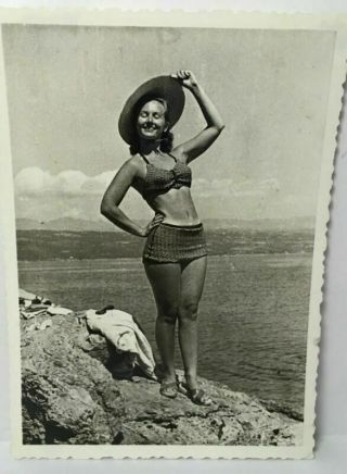 Vtg Photo Bombshell Woman 2 Piece Bathing Suit Sandals Sexy Pose Near Water A4