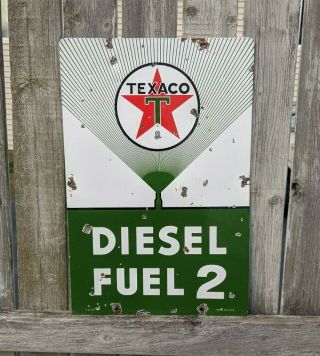 Texaco Diesel Fuel 2 Porcelain Sign Pump Plate Gas Oil Service Sunburst Vintage