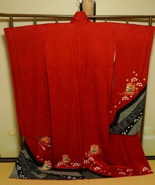 Furisode Silk Kimono Women Japanese Vintage Robe Embroidery 162cm /788