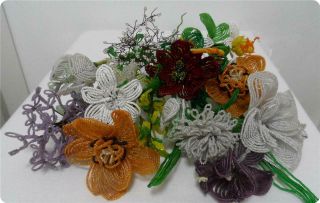 Vtg French Handmade Glass Seed Beaded Assorted Flowers & Leaves Bouquet