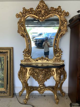 Antique Pier Mirror With Marble Shelf