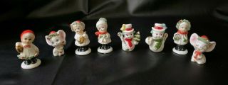 8 Vintage Mini Napco Christmas Girls,  Snowman & Mice Bone China Figurines