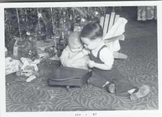 Vintage Christmas Photo Cute Little Boy Playing With Antique Toys Under Tree