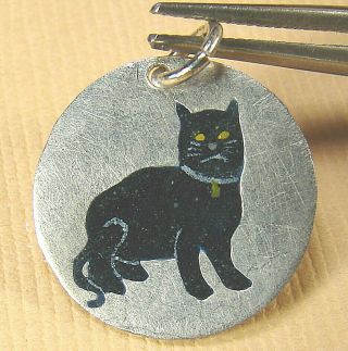 Rare Vintage German Silver Enamel Black Cat W Glowing Eyes Charm Halloweent