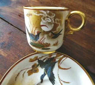 Antique Royal Worcester Demi Cup & Saucer Handpainted Fowl & Gold - Signed?