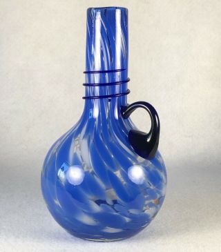 Vintage Blue & White Speckle Murano Glass Cobalt Handled Vase Pitcher Italy