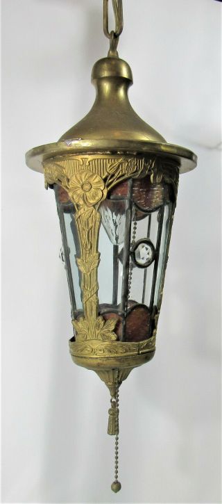 Art Nouveau Deco Pendant Light Fixture Lantern Brass W Stained Glass & Jewels