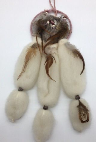 Vintage Native American Indian Dream Catcher Fur Wool Feathers Beads B12