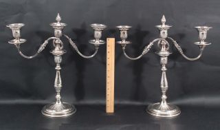 Pair Antique Sheffield Silverplate On Copper Candlesticks Triple Candelabras Nr