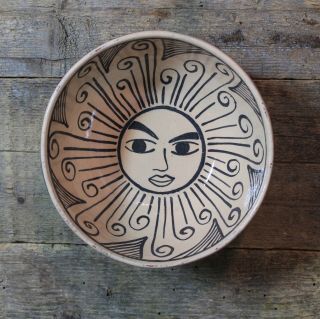 Lg Sun Face Clay Bowl Tzintzuntzan Purépecha Indian Mexican Folk Art By Morales