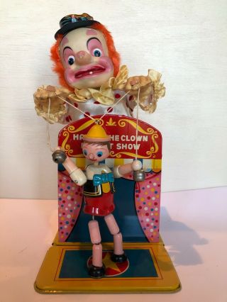 Vintage Tin Battery Toy Happy Clown Puppet Show Circus Japan 1950s Yonezawa