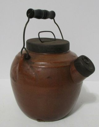 Outstanding Antique Stoneware Batter Jug With Metal Lid And Bail
