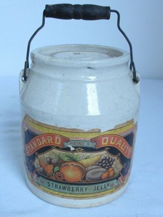 Antique Heinz Strawberry Jelly Stoneware Crock Jar Wire And Wood Bail Handle