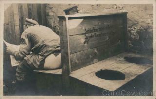 Wwi Rppc Soldiers Sitting In An Outhouse,  Latrine Real Photo Post Card Vintage