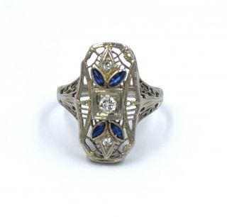 Antique Art Deco Diamond Sapphire Ring Filigree 18k White Gold Size 5.  75
