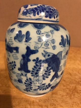 Chinese Blue and White Celadon Porcelain Ginger Jar Fish Motif 7” 3