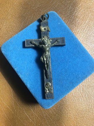 Vtg Antique Metal Cross Crucifix Pendant Skull & Crossbones Ebony Brass 3 1/4”