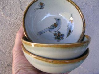 Mexico Set 3 X 4 7/8 " Birds Berry Dessert Bowls Tonala Ken Edwards Art Pottery