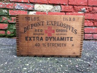 Vtg DuPont Red Cross Finger - joined Wood Explosives Extra Dynamite Crate Box 2