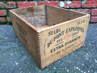 Vtg Dupont Red Cross Finger - Joined Wood Explosives Extra Dynamite Crate Box (2)