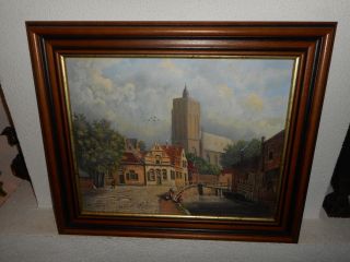 Old Oil Painting,  { City Scene With People Fishing,  Colors,  Is Signed }
