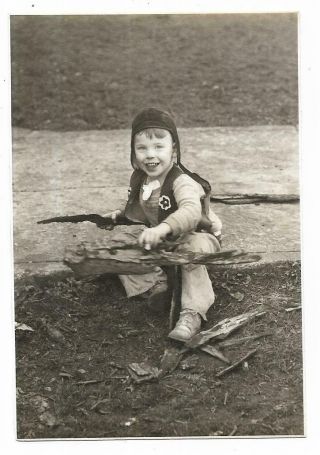 Vintage Snapshot Photo Little Boy Playing With Sticks Wood Happy Little Guy