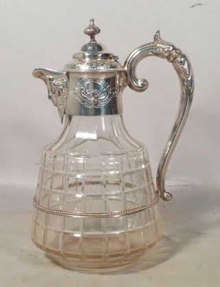 Antique Fancy Cut Glass And Ornate Silver Plate Claret Jug Water Pitcher