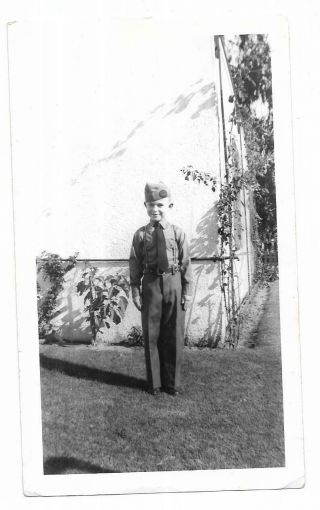 Vintage Snapshot Black White Photo Little Boy In Uniform Possibly Scout Posing