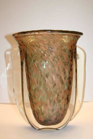Vintage Large Murano Hand Blown Glass Shoulder Vase With Copper Glitter Signed