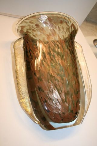 Vintage Large Murano Hand Blown Glass Shoulder Vase with Copper Glitter Signed 3