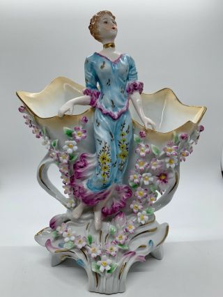 R Klemm Dresden Antique Porcelain Double Vase Lady W/ Flowers Figurine 1891 - 1914