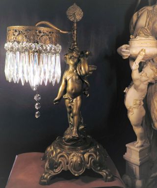 Fine Tall Antique French Gilt Bronze Winged Cherub Lamp /spear Cut Crystalsc1920