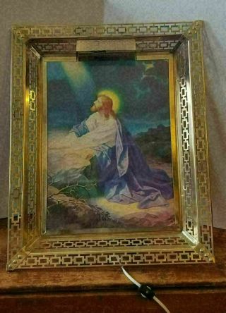 Vintage 21 " Kneeling Jesus Praying In Garden Of Gethsemane Metal Frame W/ Light
