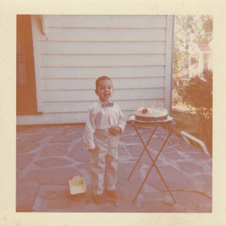 Vintage Photo Snapshot Cute Little Boy In Bowtie Posing By Birthday Cake Kodak