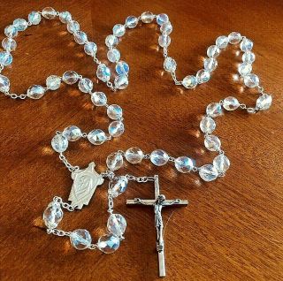 Vintage Silver Tone Aurora Borealis Crystal Catholic Rosary Heavy 95 Grams