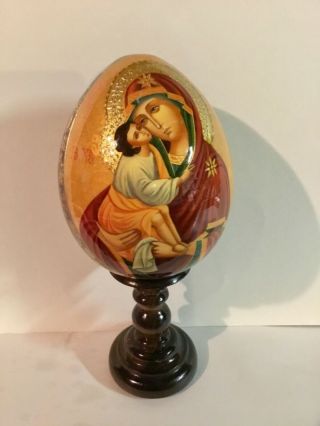 Russian Hand Painted Lacquered Madonna And Child Icon Wood Egg Large 6” Egg